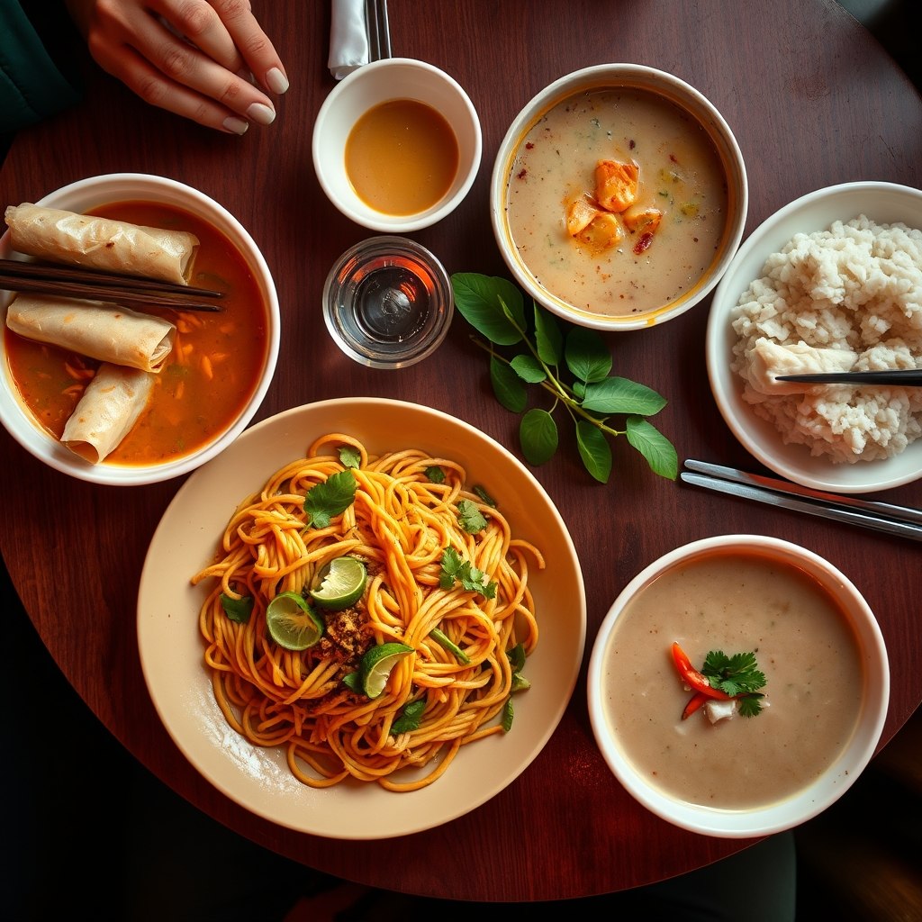 A Thai dinner table set with paht thai, thom kah gai and spring rolls in warm light